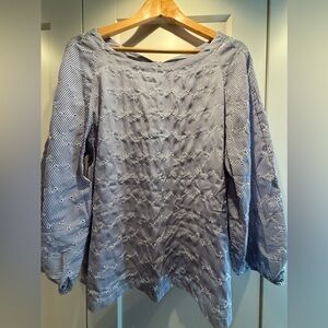 Ann Taylor Loft Navy Striped Eyelet Blouse; Button-Back